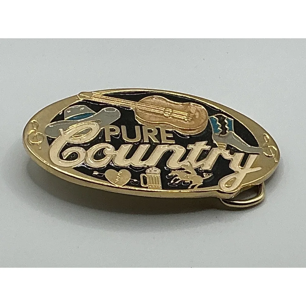 Pure Country Belt Buckle Gold Tone Enamel Guitar Cowboy Hat‎ Made in USA 0320